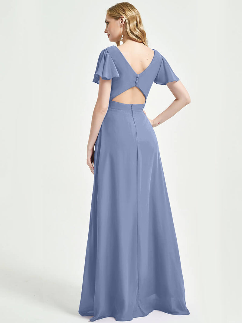 Slate Blue Ruffle Sleeves V-Neck Maxi Chiffon Empire Bridesmaid Dress