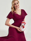 Red Wine Empire Bridesmaid Dress With V-Neck