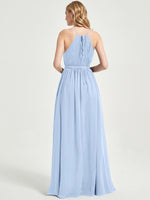 Cornflower Blue Halter Slit Wrap Chiffon Bridesmaid Dress Floor Length