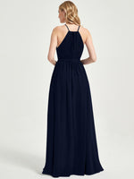 Dark Navy Halter Neck Slit Wrap Chiffon Bridesmaid Dress Floor Length