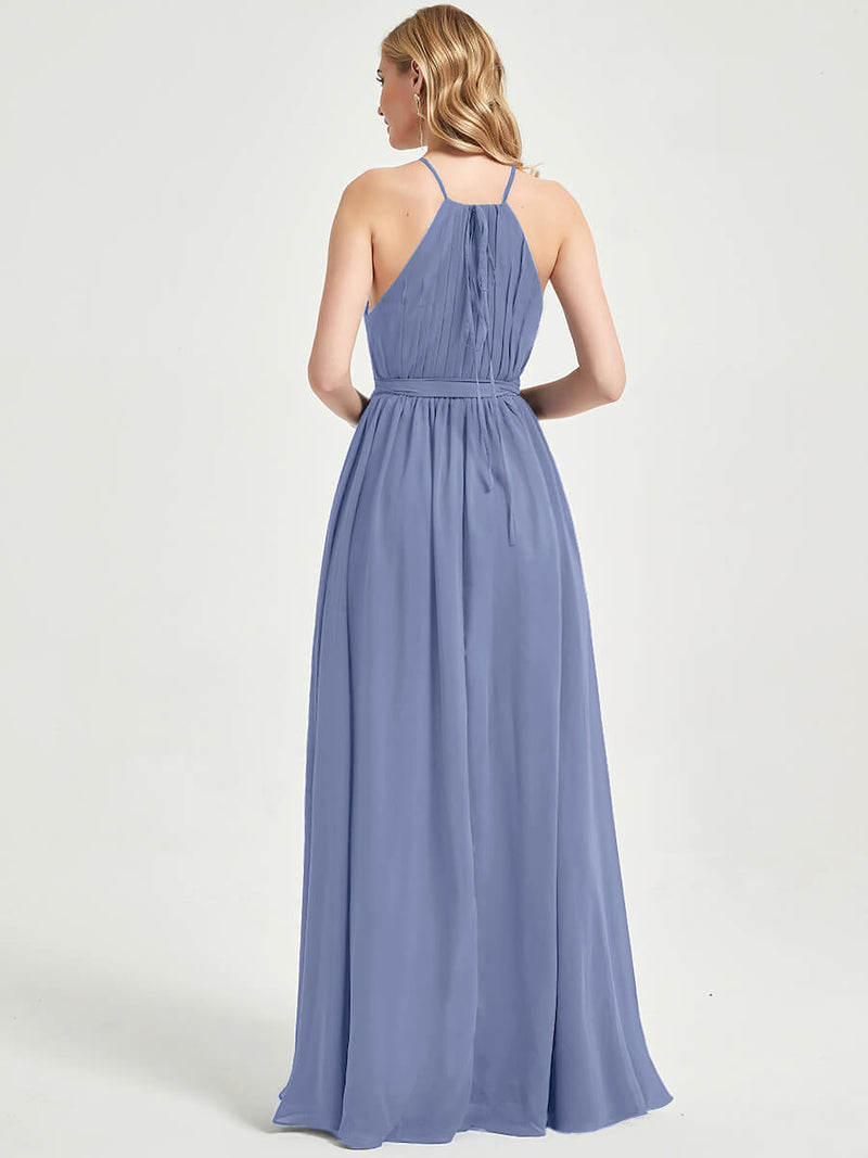 Halter Neck Slit Wrap Slate Blue Chiffon Bridesmaid Dress Floor Length