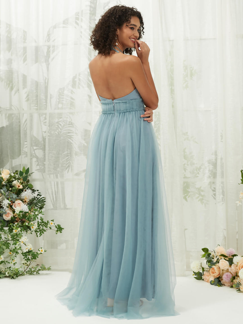 Dusty Blue Tulle Halter Neck Sleeveless Strapless Backless Pleated Pocket Floor Length Bridesmaid Dress-Naya