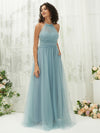 Dusty Blue Tulle Halter Neck Sleeveless Strapless Backless Pleated Pocket Floor Length Bridesmaid Dress Naya
