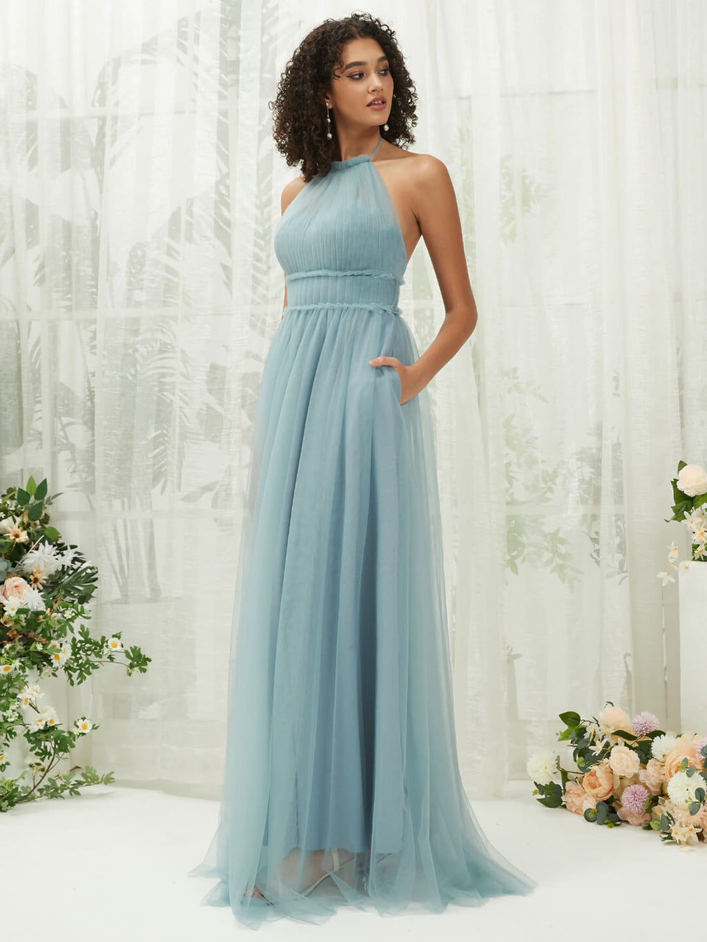 Dusty Blue Tulle Halter Neck Sleeveless Strapless Backless Pleated Pocket Floor Length Bridesmaid Dress-Naya