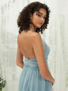 Dusty Blue Tulle Halter Neck Sleeveless Strapless Backless Pleated Pocket Floor Length Bridesmaid Dress 