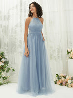 Tulle Halter Neck Strapless Backless Pleated Pocket Floor Length Empire Bridesmaid Dress Naya