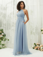 Tulle Halter Neck Sleeveless Strapless Backless Pleated Pocket Floor Length Bridesmaid Dress Naya