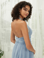 Slate Blue Tulle Halter Neck Pleated Pocket Maxi Bridesmaid Dresses