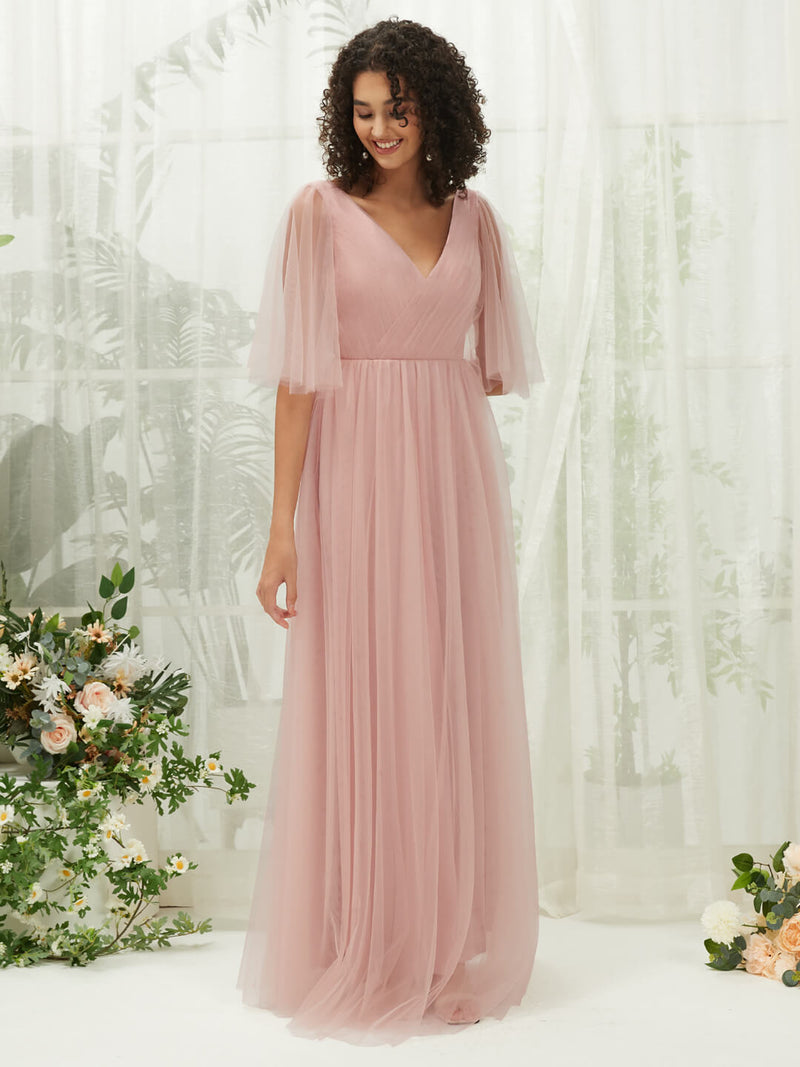 Dusty Pink Tulle V Neck Flutter Sleeve Pleated Backless Pocket Floor Length Bridesmaid Dress-Thea