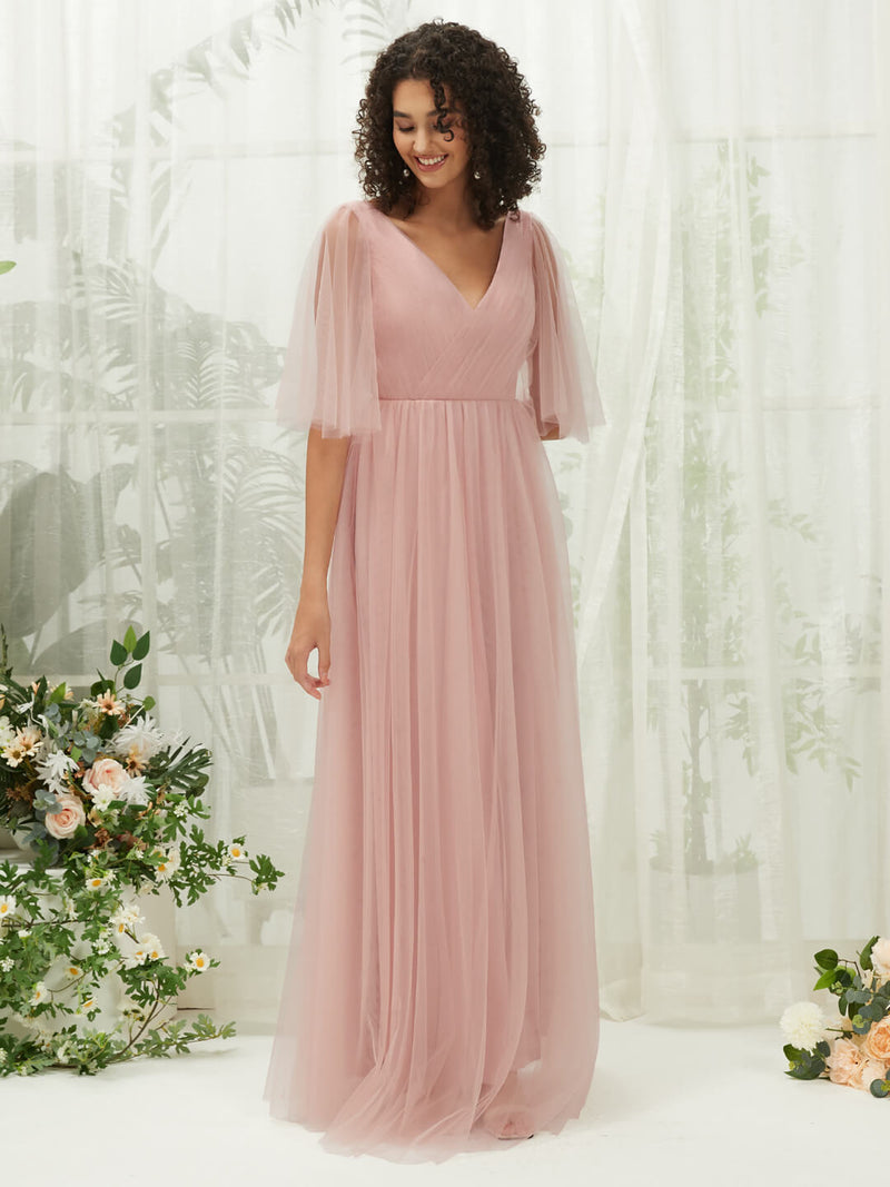 Dusty Pink Ruffle Sleeves Tulle Maxi Bridesmaid Dresses With Pocket NZ Bridal Dusty Pink Ruffle Sleeves Tulle Maxi Bridesmaid Dresses With Pocket NZ Bridal