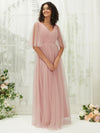 Dusty Pink Tulle V Neck Flutter Sleeve Pleated Backless Pocket Floor Length Formal Dress Bridesmaid Dress Thea