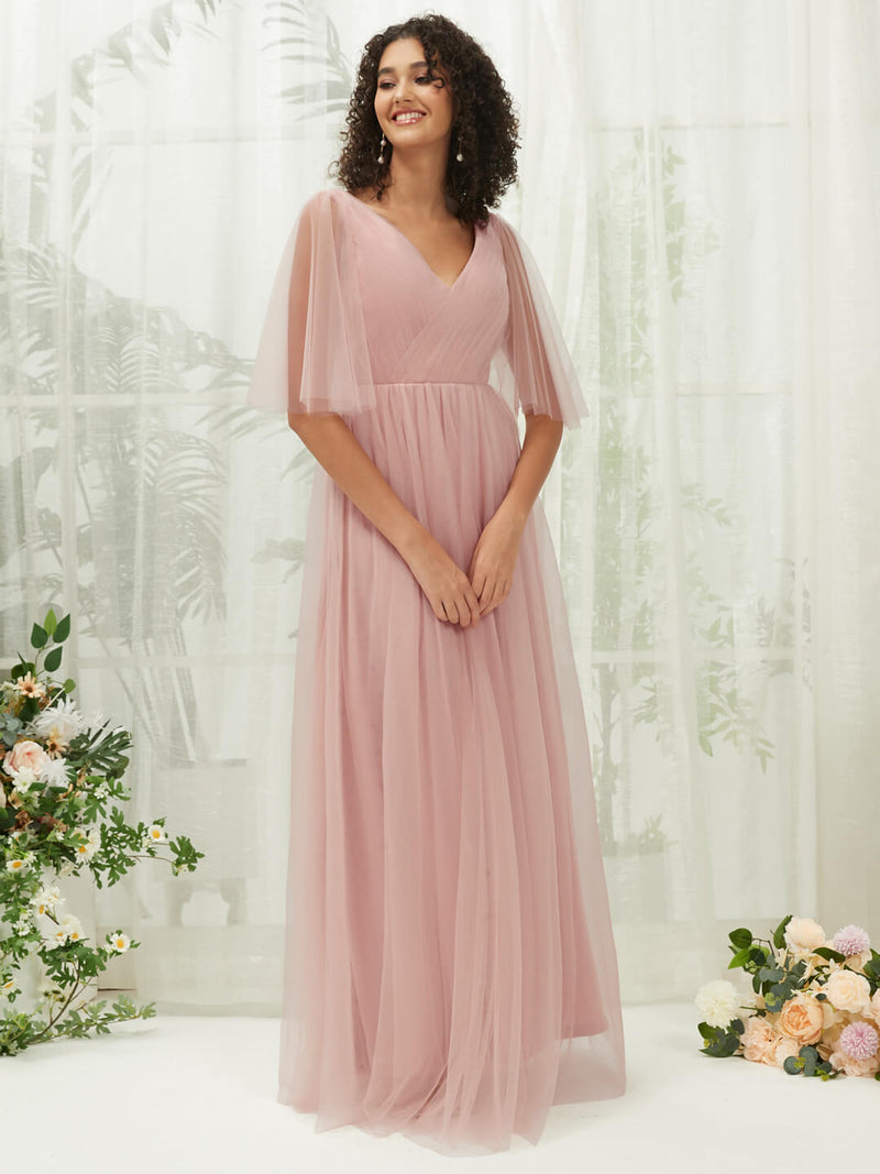 Dusty Pink Ruffle Sleeves Tulle Maxi Bridesmaid Dresses With Pocket NZ Bridal Dusty Pink Ruffle Sleeves Tulle Maxi Bridesmaid Dresses With Pocket NZ Bridal