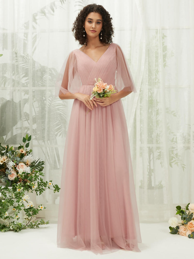 Dusty Pink Tulle V Neck Flutter Sleeve Pleated Backless Pocket Floor Length Bridesmaid Dress Thea