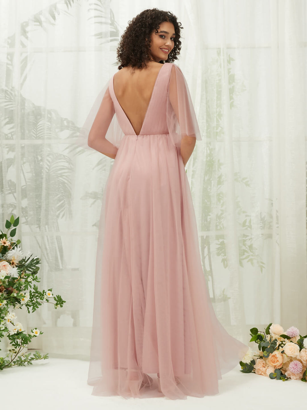 Dusty Pink Tulle V Neck Flutter Sleeve Pleated Backless Pocket Floor Length Bridesmaid Dress Thea