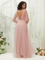 Dusty Pink Tulle V Neck Flutter Sleeve Pleated Backless Pocket Floor Length  Dress for Bridesmaid Thea