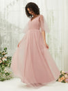 Dusty Pink Tulle V Neck Flutter Sleeve Pleated Backless Pocket Floor Length Formal Dress for Bridesmaid Thea