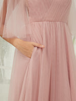Dusty Pink Tulle V Neck Flutter Sleeve Pleated Backless Pocket Floor Length Formal Dress for Bridesmaid