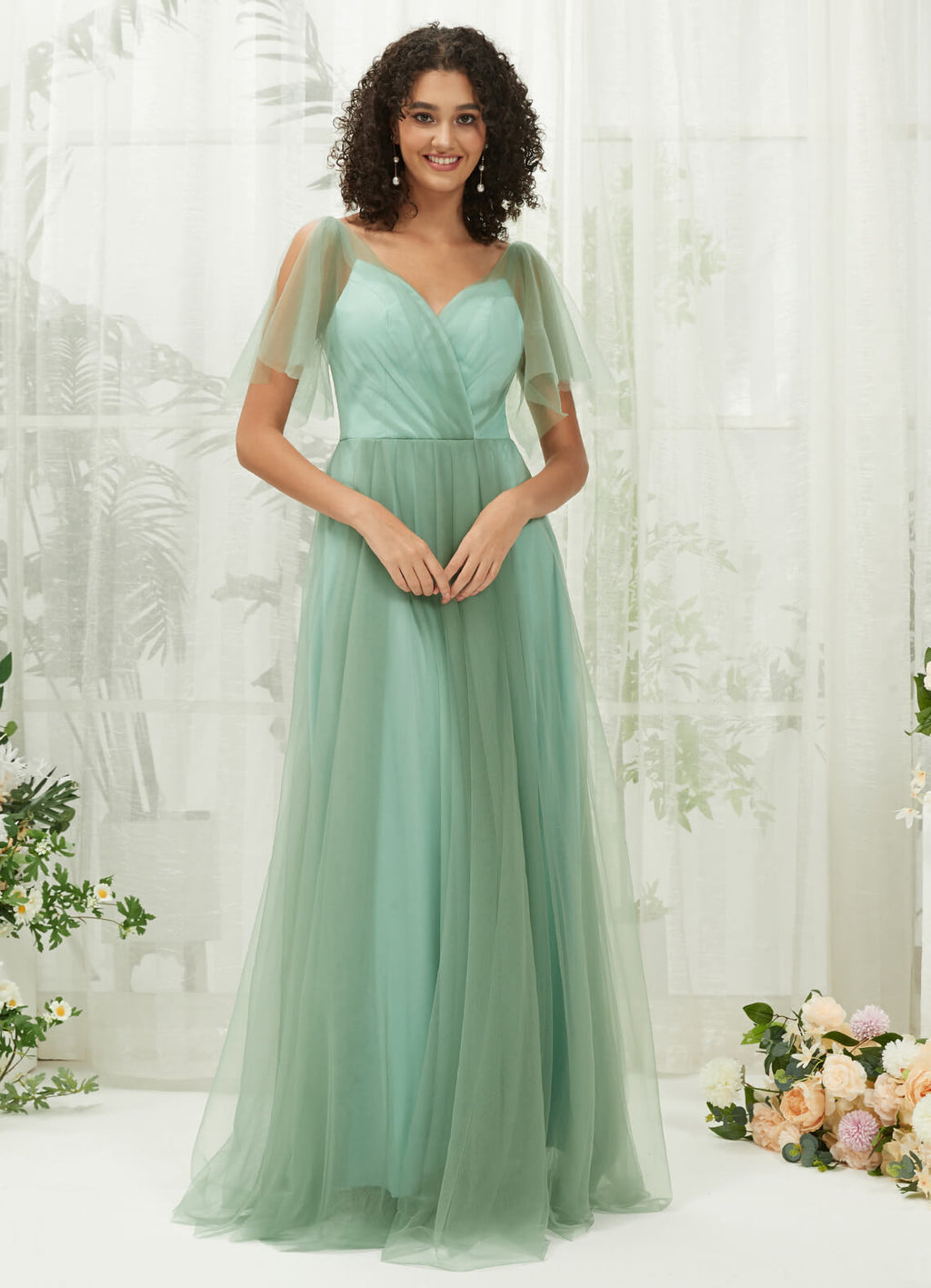 Eucalyptus Tulle Eucalyptus Sweetheart Ruffle Sleeve Pleated Pocket Formal Dress Bridesmaid Dress Dallas