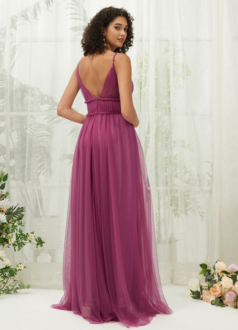 Mulberry Tulle Adjustable Straps Backless Pleated Empire Pocket Bridesmaid Dress Alma