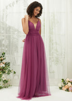 Mulberry Tulle Adjustable Straps Backless Pleated Empire Pocket Formal Bridesmaid Dress Alma