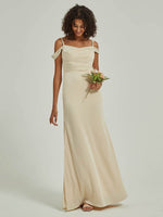 Cora - Soft Champagne Satin Cowl Neckline Side Slit Straps Bridesmaid Dress 