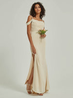 Soft Champagne Satin Cowl Neckline Side Slit Straps Bridesmaid Dress 