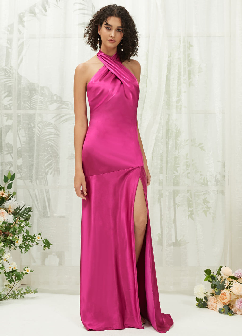 Hot Pink Satin Halter Neck Sleeveless Backless Slit Bridesmaid Dress Athena
