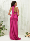 Hot Pink Satin Halter Neck Sleeveless Backless Slit Formal Bridesmaid Dress Athena