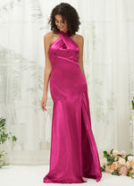 Hot Pink Satin Halter Neck Sleeveless Backless Slit Bridesmaid Dress Athena from NZ Bridal