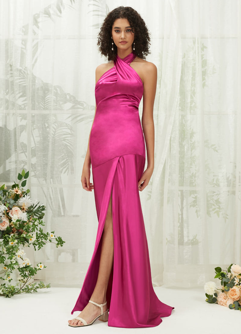 Hot Pink Satin Halter Neck Sleeveless Backless Slit Formal Bridesmaid Dress Athena from NZ Bridal