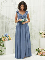 Slate Blue Chiffon Ruffle Cross-Straps V Neck Empire Wrap Bridesmaid Dress Valerie