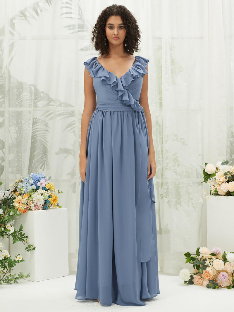 Slate Blue Chiffon Ruffle Cross Straps V-Neck Wrap Bridesmaid Dress Change Color From Swatches / Custom Size Slate Blue Chiffon Ruffle Cross Straps V-Neck Wrap Bridesmaid Dress Change Color From Swatches / Custom Size