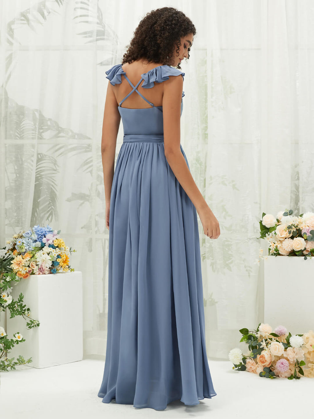 Slate Blue Chiffon Ruffle Cross-Straps V Neck Empire Wrap Bridesmaid Dress Valerie