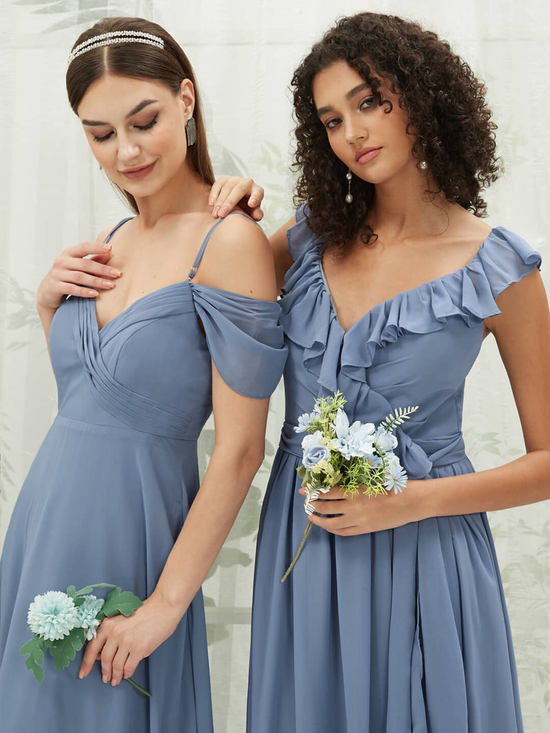 Slate Blue Chiffon Ruffle Cross-Straps V-Neck Empire Wrap Bridesmaid Dress Valerie for Women from NZ Bridal