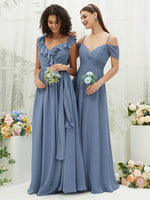 Slate Blue Chiffon Cold Shoulder Cap Sleeve Sweetheart  Backless Pocket Bridesmaid Dress Spence for Women from NZ Bridal