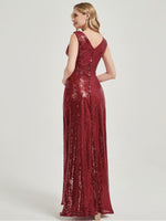 Wine Red V Cutting Sleeveless Sequined Bridesmaid Dress - Dawson