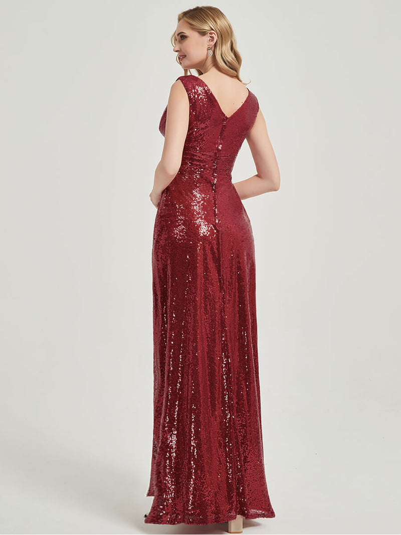 Wine Red V Cutting Sleeveless Sequined Bridesmaid Dress - Dawson