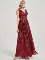 Wine Red V Cutting Sleeveless Sequined Bridesmaid Dress - Dawson