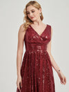 Wine Red V Cutting Sleeveless Sequined Bridesmaid Dress - Dawson