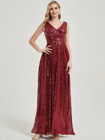 Wine Red V Cutting Sleeveless Sequined Bridesmaid Dress - Dawson