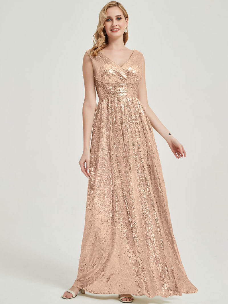 Champagne Gold V Cutting Sleeveless Sequined Bridesmaid Dress - Dawson
