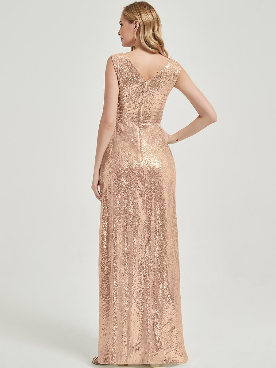 Champagne Gold V Cutting Sleeveless Sequined Bridesmaid Dress - Dawson