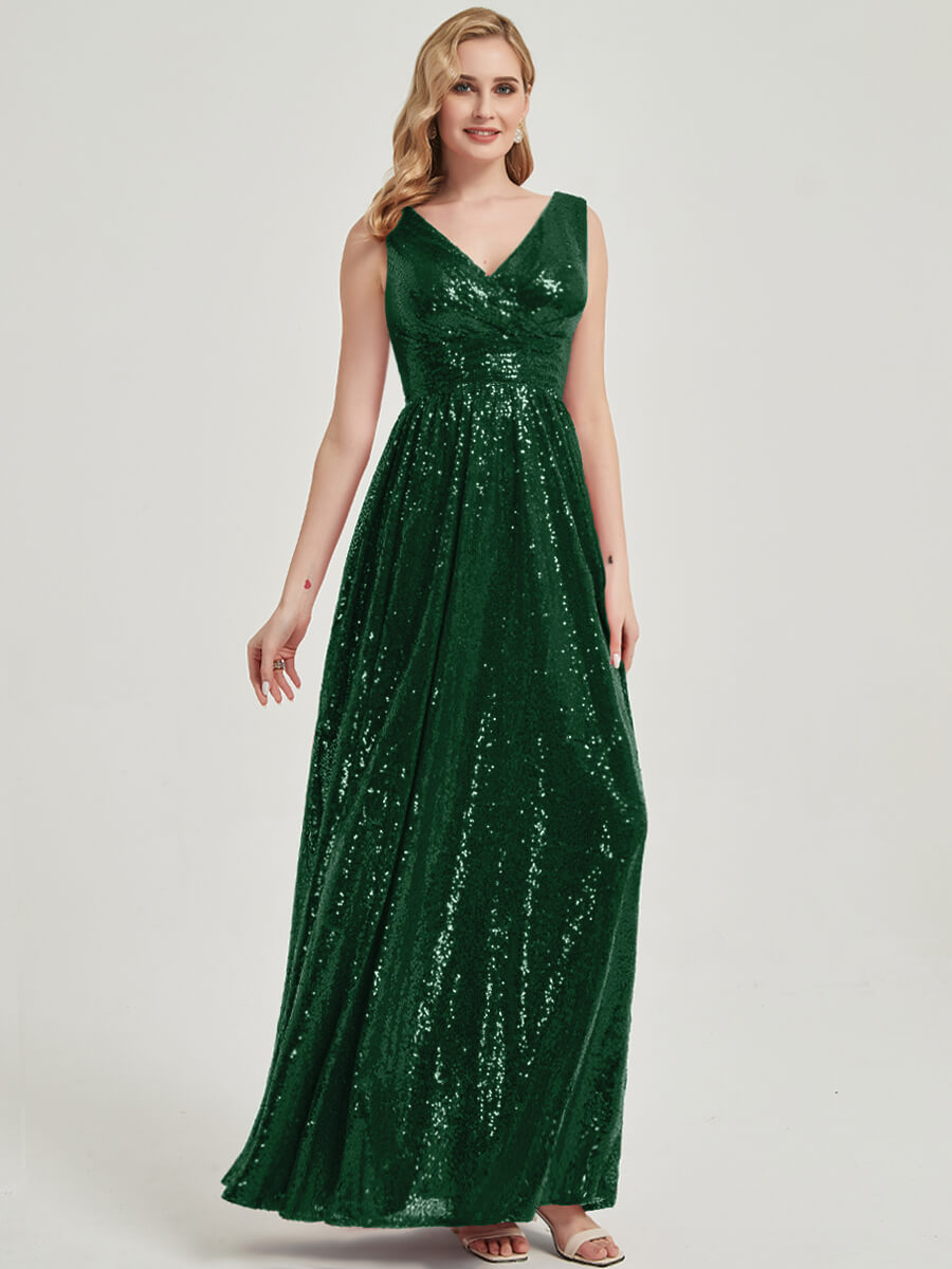 Emerald Green  V Cutting Sleeveless Sequined Bridesmaid Dress - Dawson