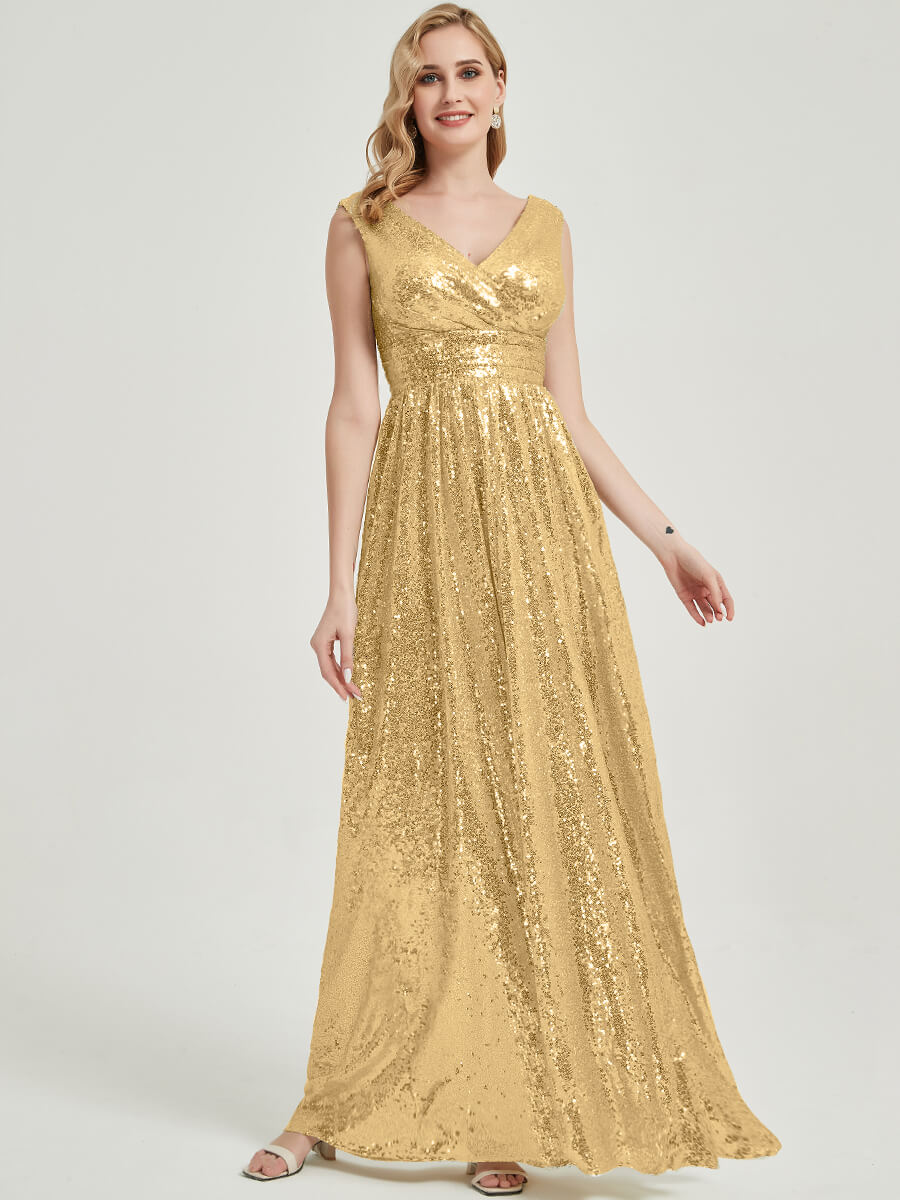 Gold V Cutting Sleeveless Sequined Bridesmaid Dress - Dawson