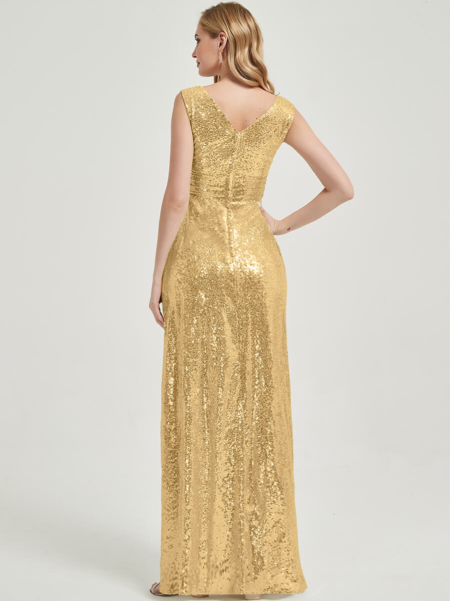 Gold V Cutting Sleeveless Sequined Bridesmaid Dress - Dawson
