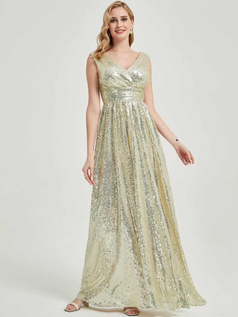 Light Gold V Cutting Sleeveless Sequined Bridesmaid Dress - Dawson