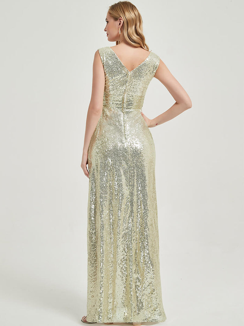 Light Gold V Cutting Sleeveless Sequined Bridesmaid Dress - Dawson