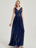 Navy Blue V Cutting Sleeveless Sequined Bridesmaid Dress - Dawson