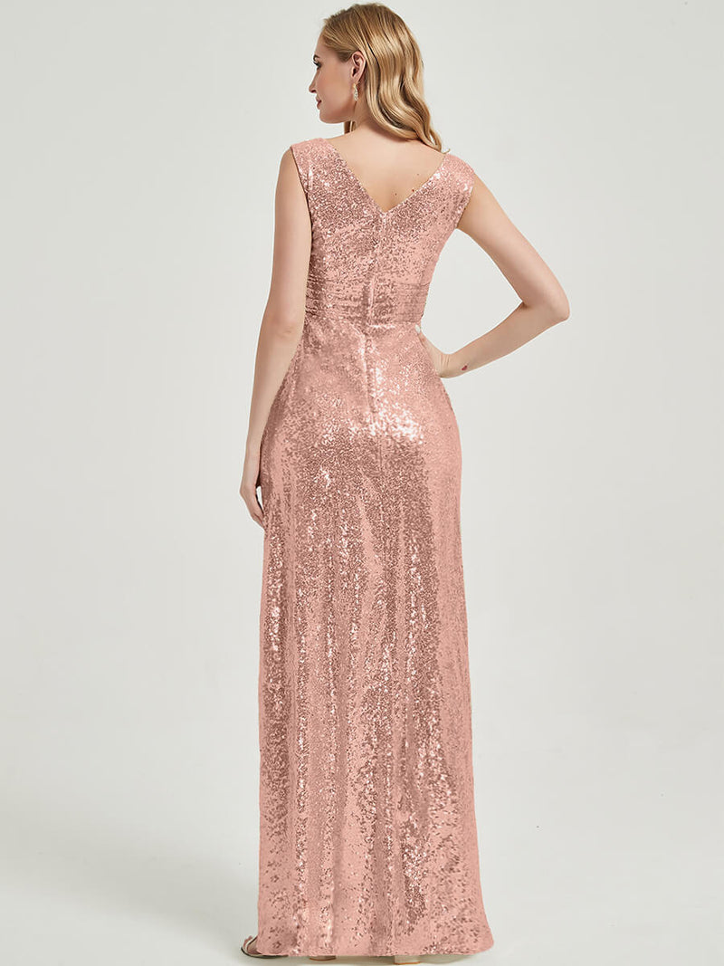 Rose Gold V Cutting Sequined Bridesmaid Dress - Dawson