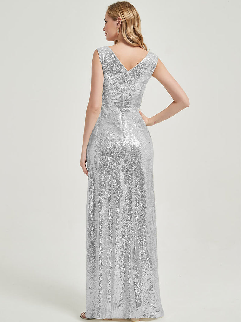 Silver Grey V Cutting Sleeveless Sequined Bridesmaid Dress - Dawson